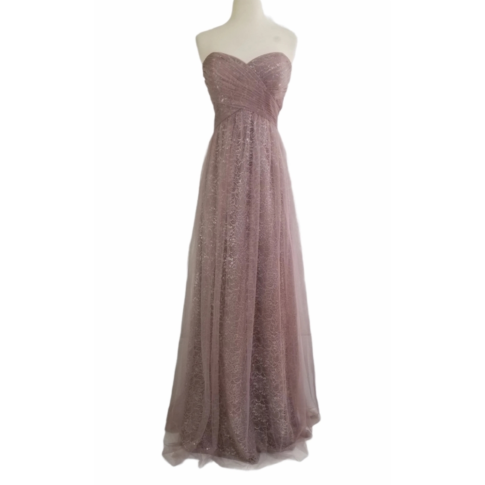 BELSOIE Mauve Strapless Metallic Lace Dress 14